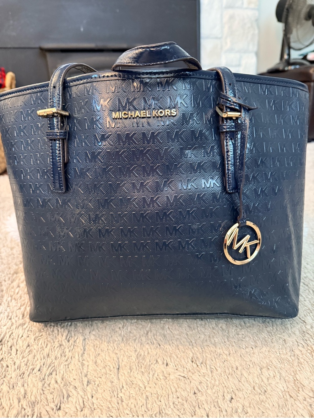 Michael Kors Navy Embossed MK jet set Tote luxury business casual cozy feminine - Picture 2 of 12